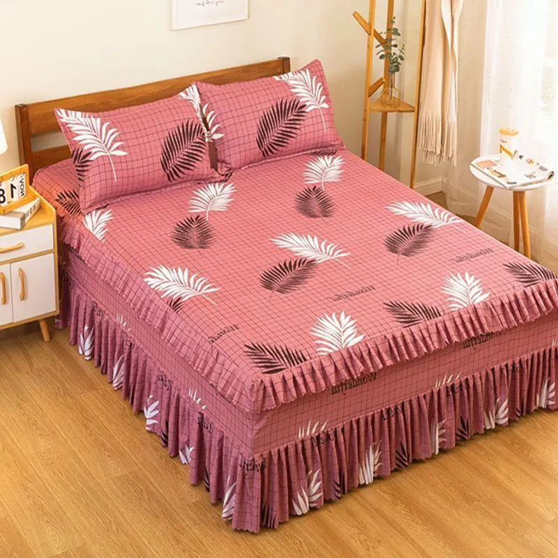 Three-layer Lace Wedding Red Soft Bed Skirt Summer Cotton Bed Cover Skirt King Queen Size With Pillowcase 220525