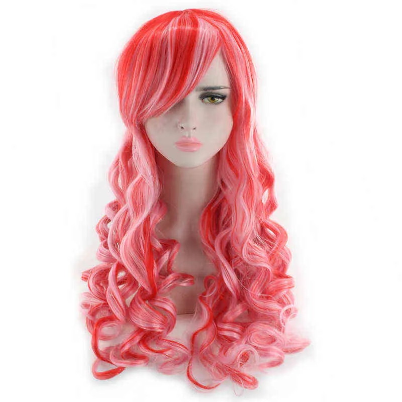 Similler Perruques Synthétiques Longues Bouclées pour Femmes Résistance à la Chaleur Cheveux Multicolore Arc-en-Ciel Cosplay Perruque Rouge Rose Vert Couleur Mixte 220622