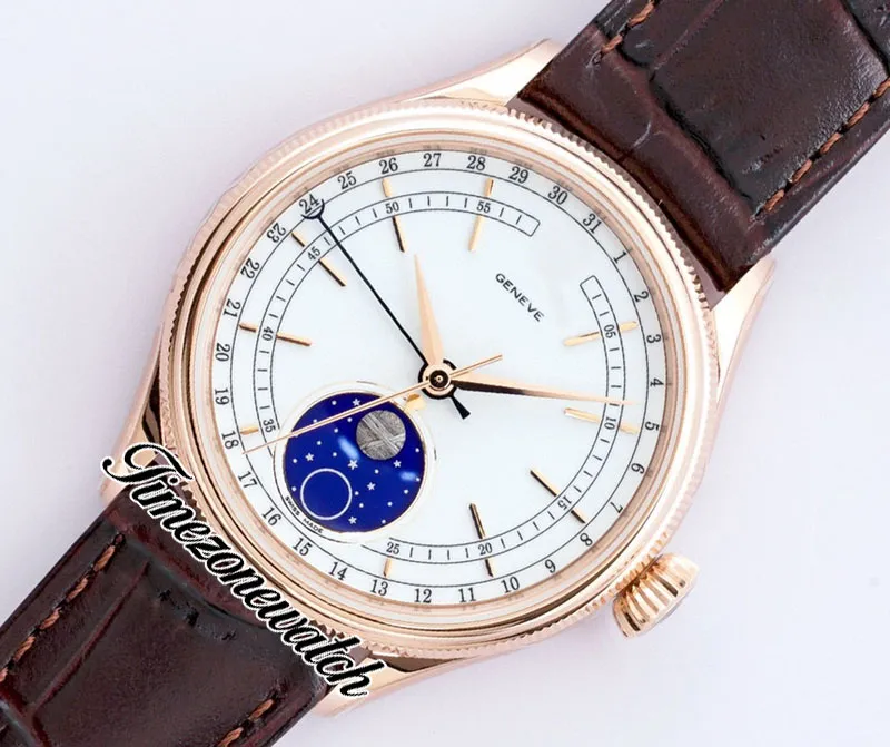 EWF Cellini Moonphase 50535 A3195 Автоматические мужские часы из розового золота с белым циферблатом из натуральной метеоритной коричневой кожи Super Edition той же серии286u