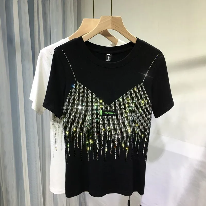 4XL Plus Size Chic Summer Diamond T-shirt a maniche corte donna Casual tinta unita O Neck Tshirt Ladies Streetwear Tees Top 220527