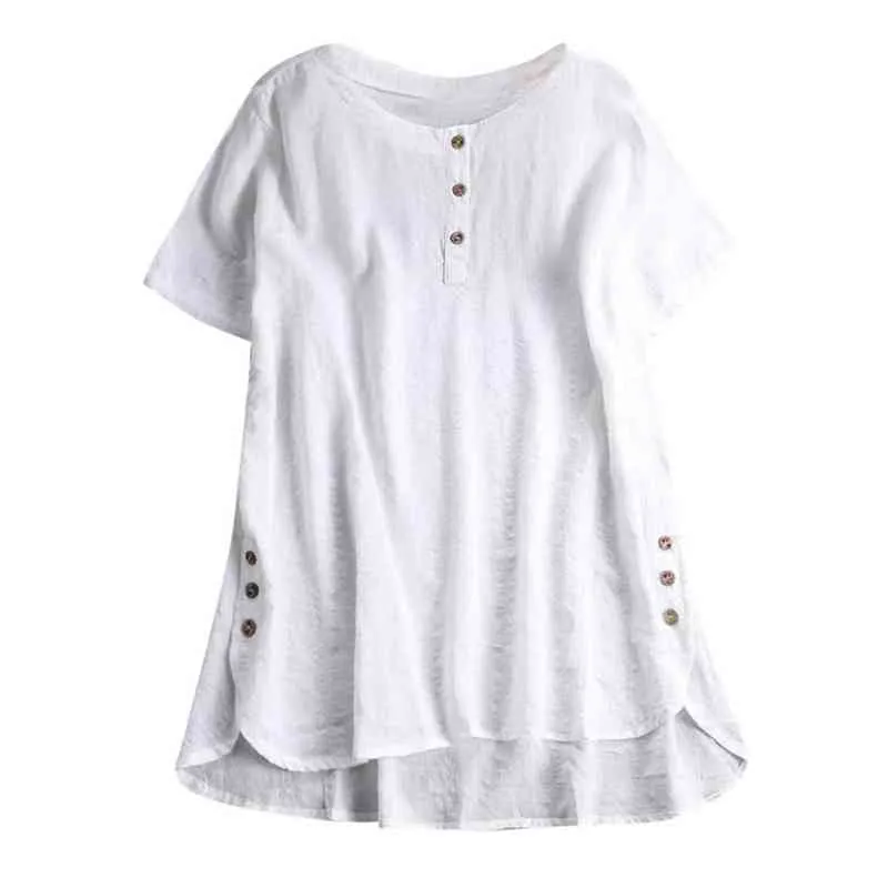 3xl de linho de algodão de verão Mulheres de verão Kaftan Baggy Button camisetas casuais manchas de manga curta túnicas L220706