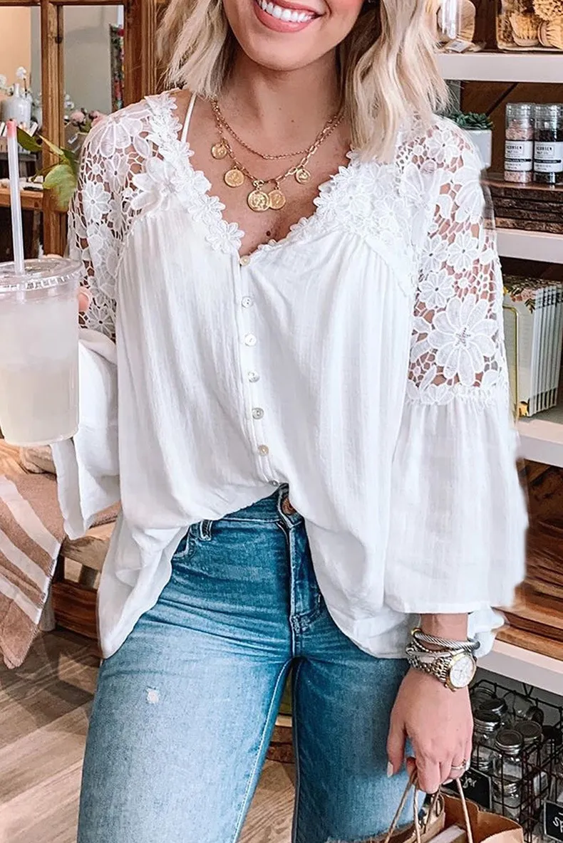 TEELYNN Hollow Out Lace Blouses Shirts Women Vintage V Neck Flare Sleeve Summer Blouse Ladies Top Plus Size Boho Blusas 220514