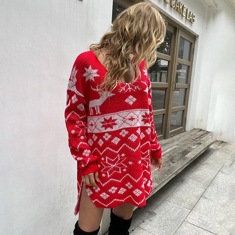 Casual O-Neck Long Sleeve Christmas Sweater Dress Sexy Bodycon Women Dress Fashion Snowflake Elk Jacquard Mini Dresses 220317