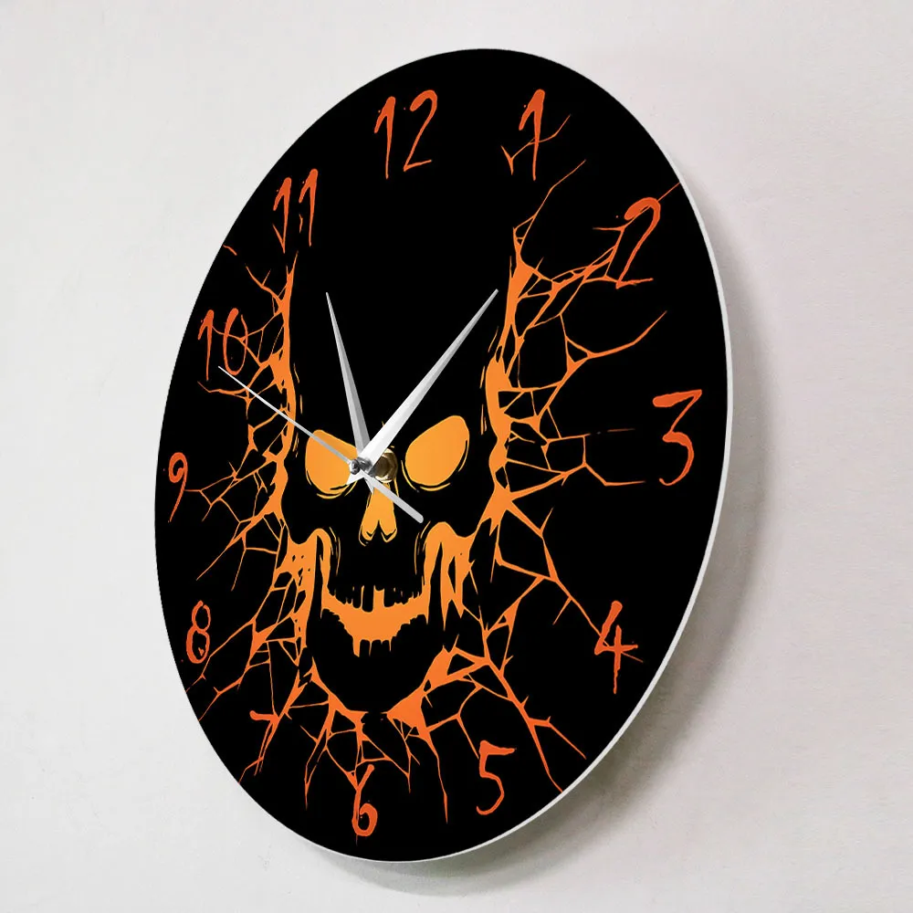 Skull with Crack Hole Horror Wall Clock Silent Non Ticking Gothic Birth of a Demon Clock Halloween Home Decor Skull Wall Clock