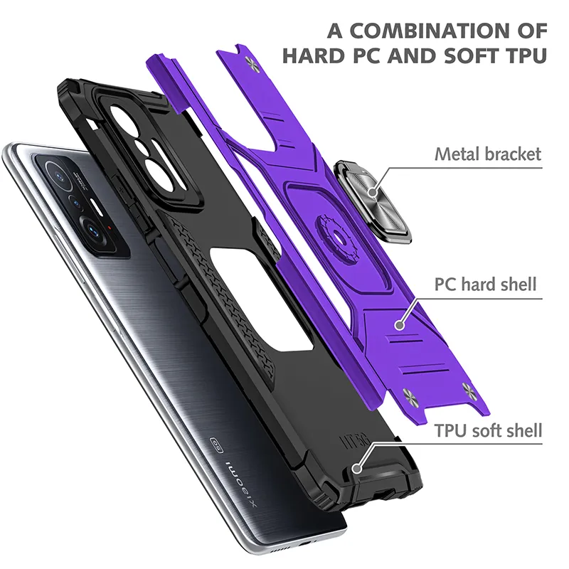 Magnetic Metal Ring Bracket Armor ShockoProof Fodral för Xiaomi MI 11T 5G MI 11T PRO TPU Plastgummit skyddsskyddet djupt