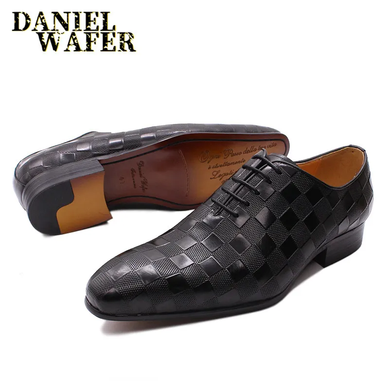 Luxury Italian Oxford Mens Dress Shoes Fashion Handmade Plaid Print Lace Up Black Wedding Office Shoes Formal Men Shoes Leather 220727