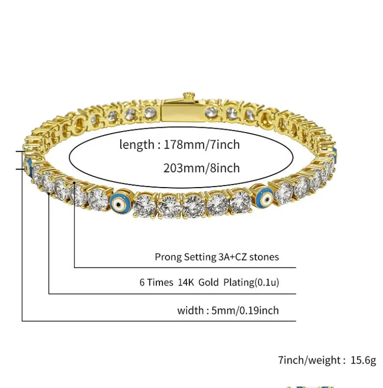 Bracelet de tennis pour les yeux maléliques bracelets hip hop pour les femmes Blue Stone Beads Bracelet Mens Jewellery268s