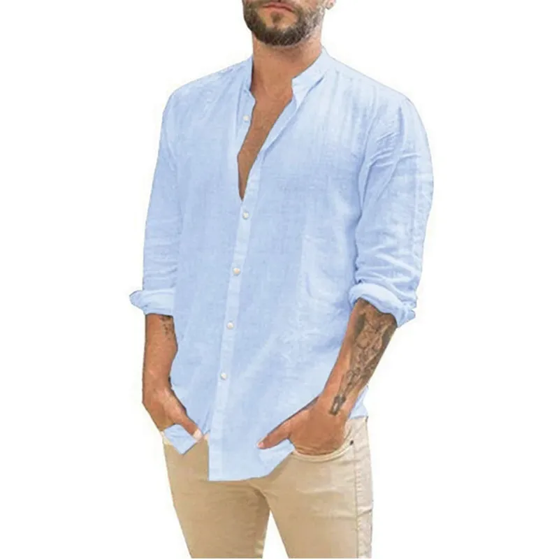 100% 면화 린넨 남성 롱 슬리브 셔츠 여름 단색 스탠드 업 칼라 캐주얼 해변 스타일 플러스 크기 W220615