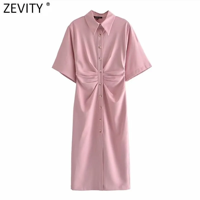 Zevity Mulheres Chic Fashion Buttonup Drapeado Midi Camisa Vestido Vintage Manga Curta Zíper Lateral Vestidos Femininos Vestidos DS8602 220527