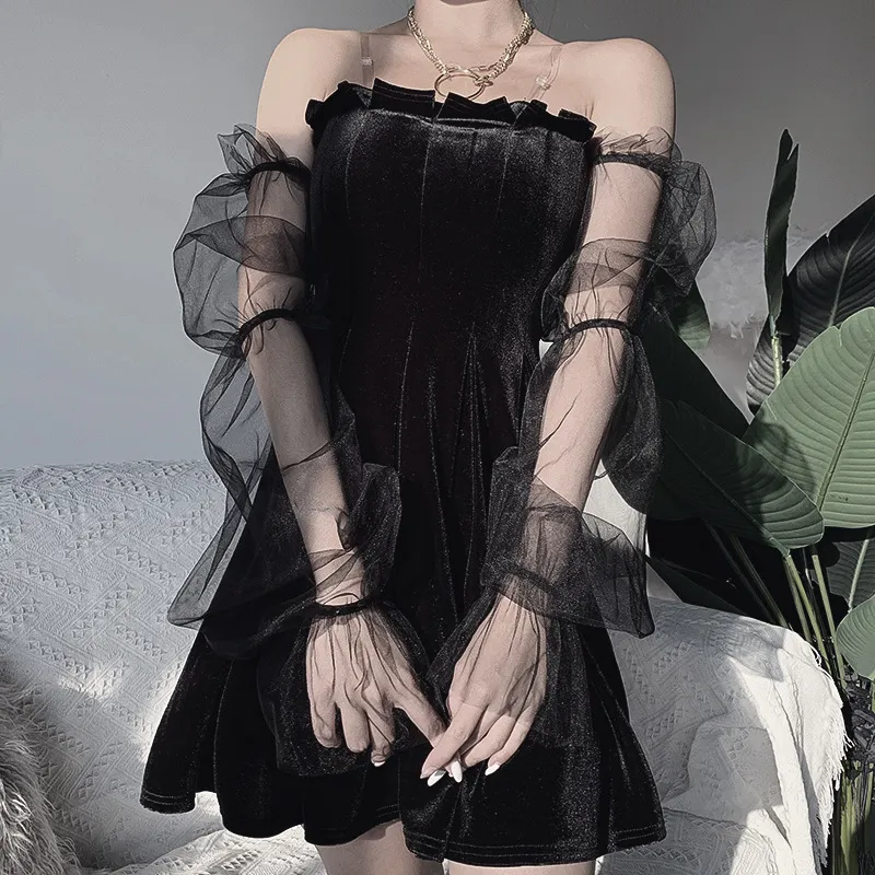 E girl – Mini robe gothique noire, garniture en dentelle, taille haute, moulante, Y2K, années 90, Vintage, Punk, Harajuku, vêtements Lolita, 220521
