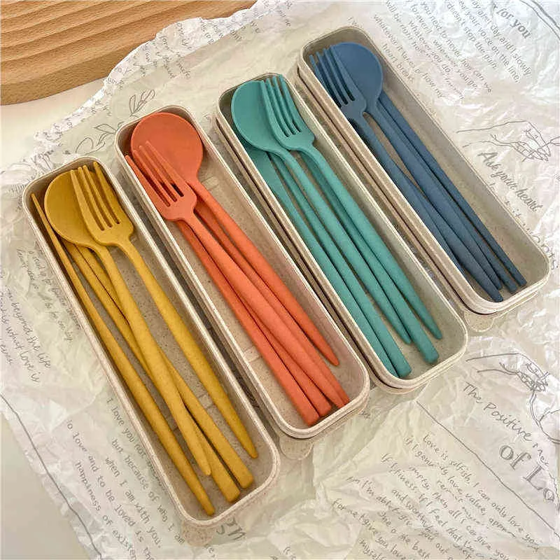 Portable Reusable Spoon Fork Travel Picnic Chopsticks Wheat Straw Tableware Cutlery Set With Carrying Box For dent Office Y220530