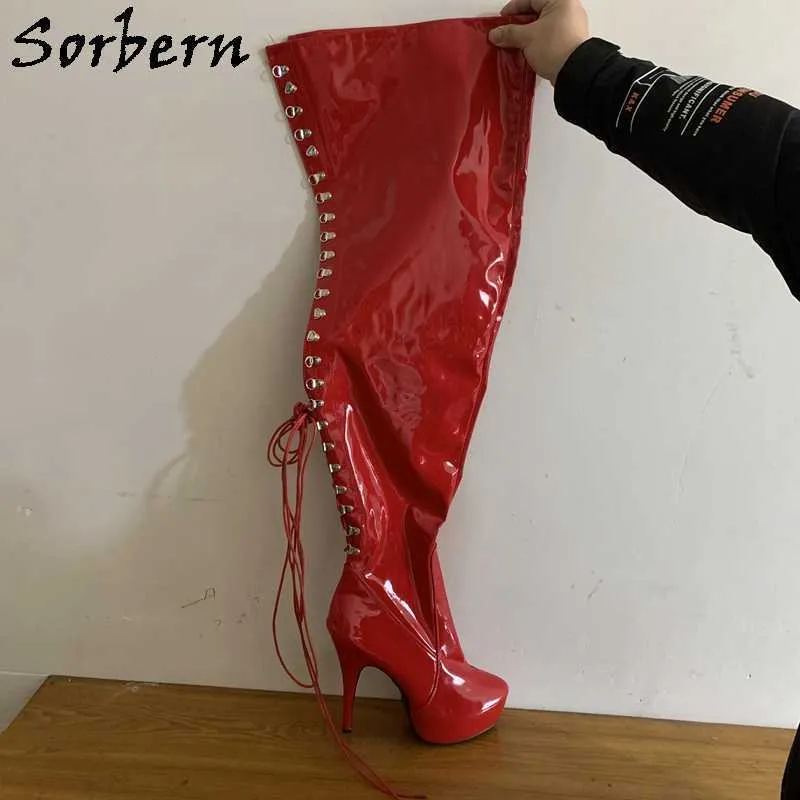 Sorbern bottes à lacets dos femmes fétiche talons hauts 15Cm entrejambe cuisse botte plate-forme bottes de danse Gay personnalisé jambes larges ou ajustées