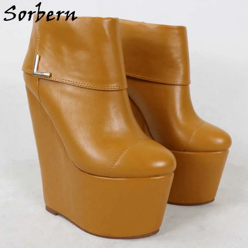 Sorbern Brown Wedges Short Booties Tjock plattform Turn Over Ladies High Heel Shoe för kvinnor 2021 Anpassade färger