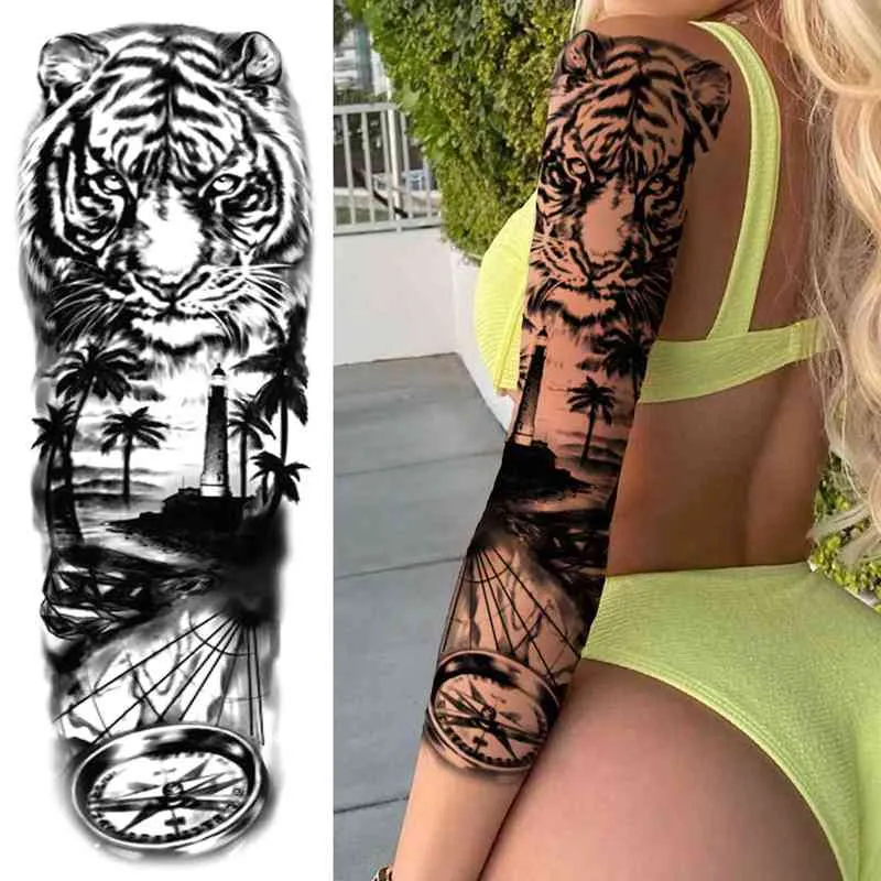 NXY Tymczasowy Tatuaż Czarny Lew Sleeve King S dla Mężczyzn Kobiety Fałszywe Gear Tiger Pełna Naklejka Arm Realistyczna Zwierząt Tatoo Wodoodporna 0330