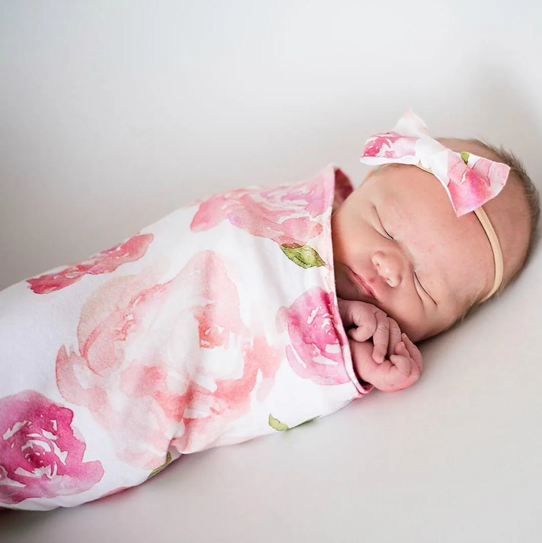 Pasgeboren fotografie Foto Props Kerstslaapzakken Bloem Gedrukt 2 -sten Set Jurk Baby Girl Posing Swaddle Decor Wrap Deken