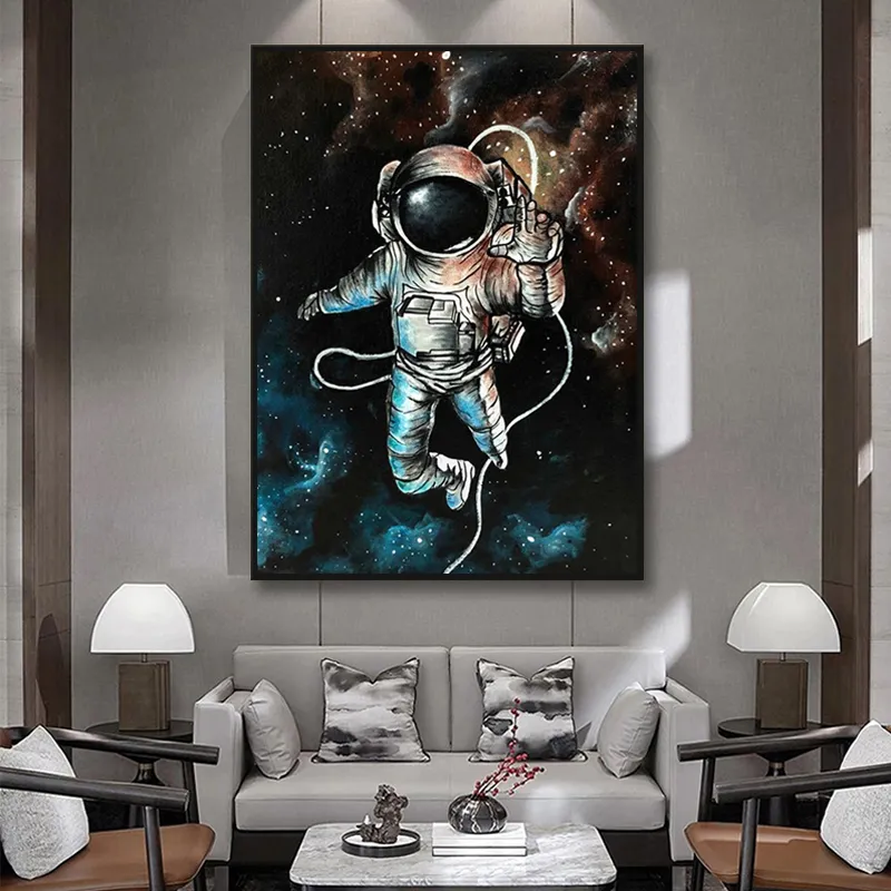 Astronauta Kwiatowa Płótno Malarstwo Śmieszne Plakaty Cosmonauta Dreaming Stars Malarstwo Oil Wydruki Wall Pictures for Saling Room Decor