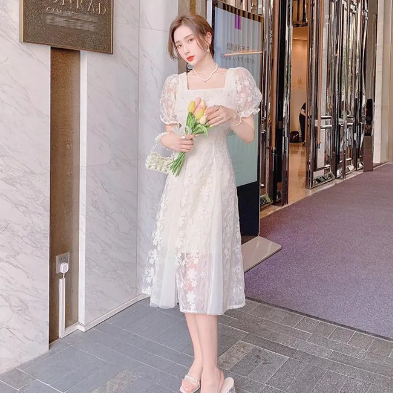 半袖フレンチエレガントなミディドレス女性フローラルデザイン甘いビンテージドレス韓国スタイルのイブニングパーティードレス女性220514