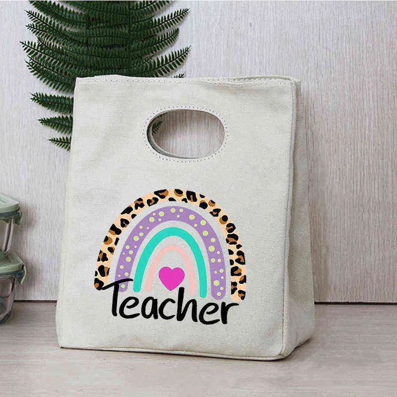 Tragbare Lunchbox-Taschen mit Regenbogen-Lehrer-Aufdruck, thermisch isoliert, Bento-Tragetasche, Büro, Schule, Lebensmittelkühler, Aufbewahrungstasche, Geschenke für Lehrer, Y220524