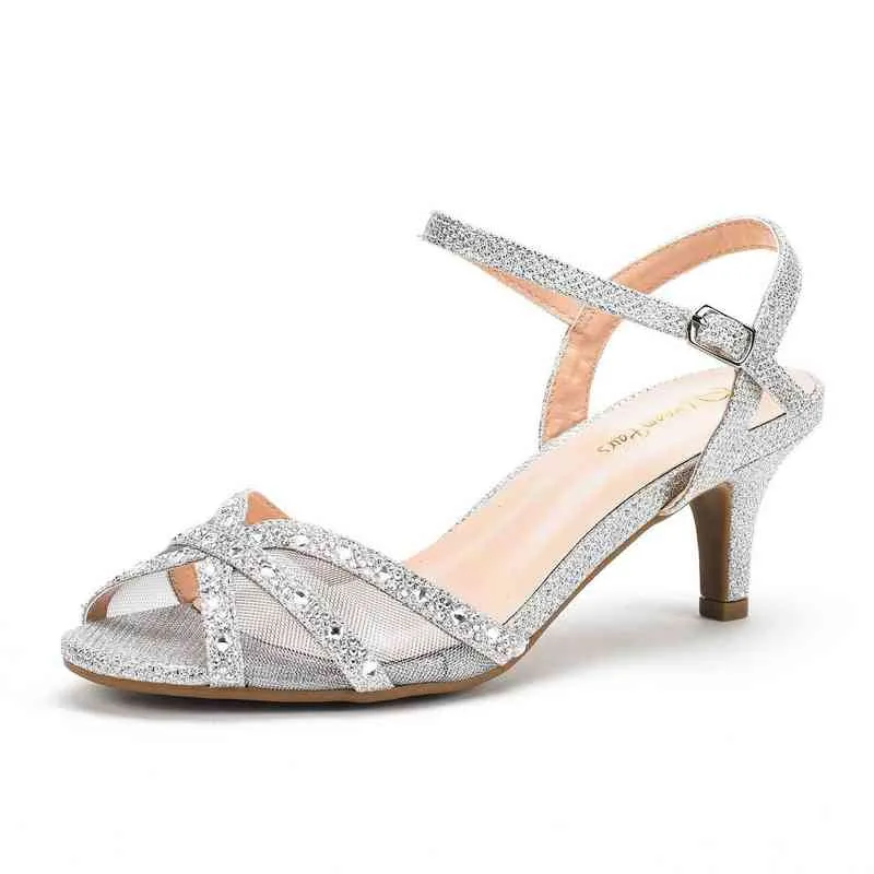 Dream Pairs Sandali da donna Tacchi alti Desinger Cinturino con fibbia in strass Antiscivolo Décolleté con tacco sottile Décolleté Argento Lusso Estate G220520