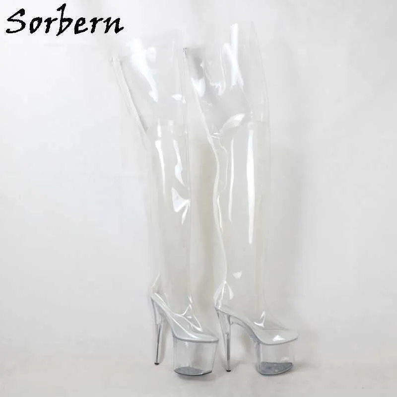 Sorbern Clear Transparent Boots Sexy Fetish Shoes Over The Knee Thigh High Boots Unisex 20Cm Heel/9Cm Platform Women Shoe