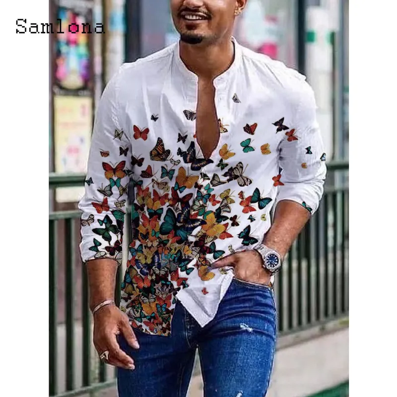 Camicie casual da uomo a maniche lunghe taglie forti Moda maschile Top Pullover Abbigliamento uomo sexy Estate Piuma Uccelli Stampa Camicetta 220726