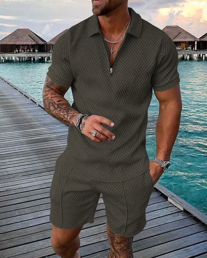 Mens Wysokiej jakości sportowy kolor stały kolor krótki rękawie koszulki zip szorty Zestaw Mens Casual Streetwear 2 -Place Summer 220526