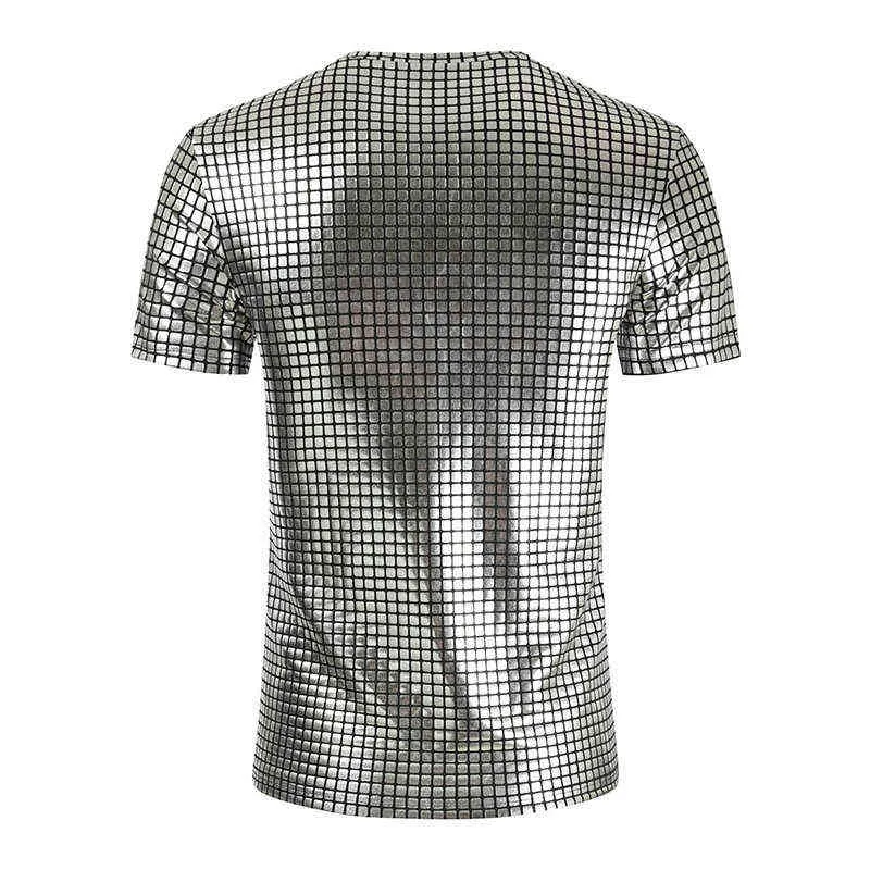 Fashion Plaid Coated Metallic T Shirt Men 2022 Brand Slim Short Sleeve T-Shirts Men DJ Nightclub Stage Singer Prom Come Homme L220704