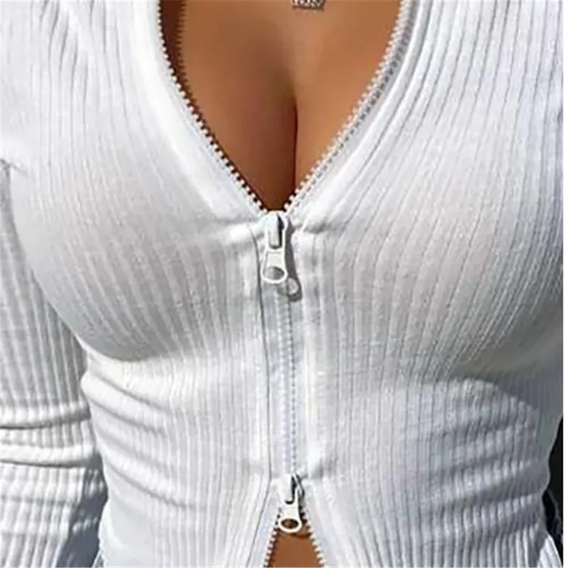 Femmes T-shirt Printemps Automne Vêtements Côtelé Tricoté À Manches Longues Crop Zipper Conception Tee Sexy Femme Mince Noir Blanc Tops 220810