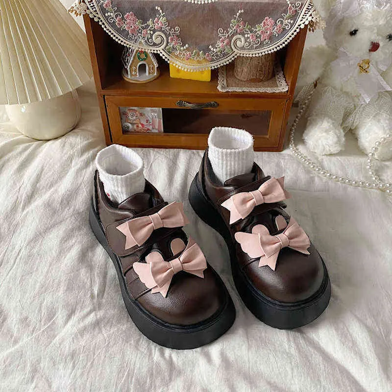 Dress Shoes Kawaii Pink Bowknot Mary Janes Femme 2022 Spring Fashion Pu Girls Streetwear Lolita Japanese Style Students 220516