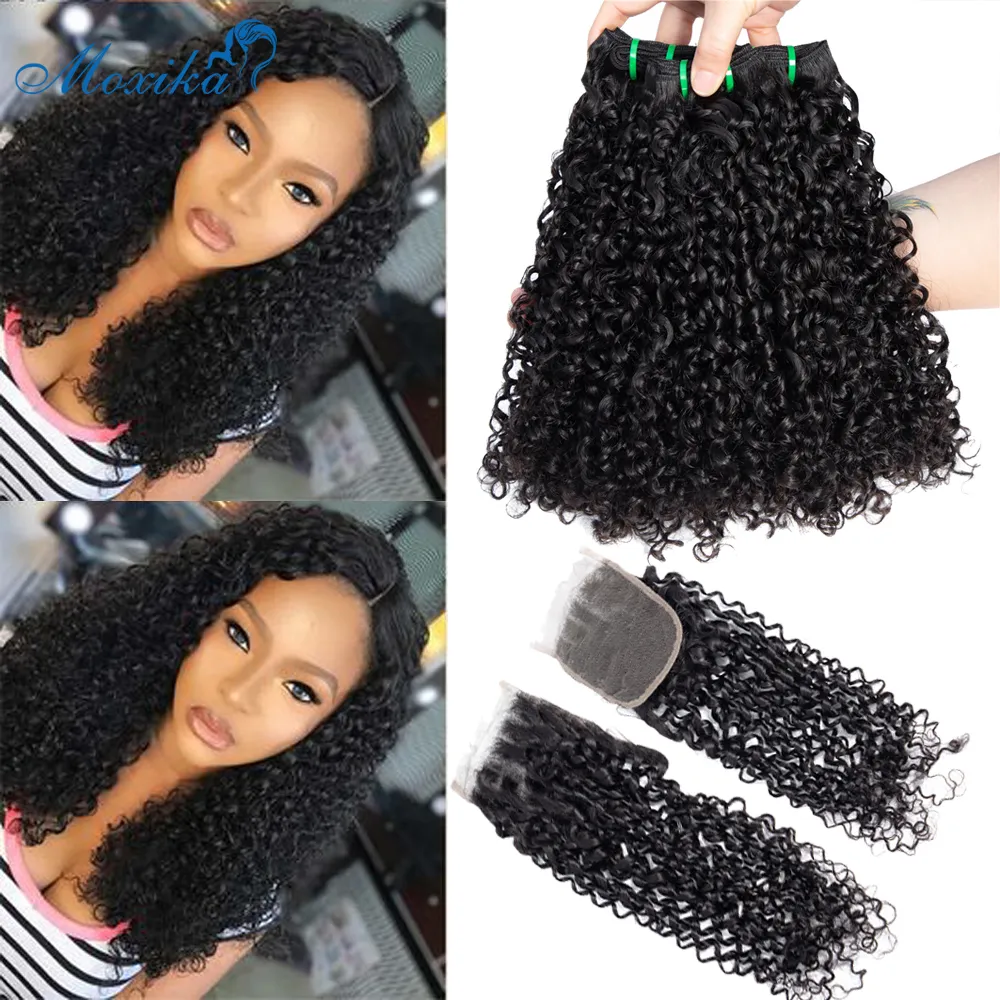 LX Brand Moxika Fumi hårväv Pixie Curls Bunds med stängning Double Weft Remy Indian Pissy Curls Human Hair Bunds With Closu3289718