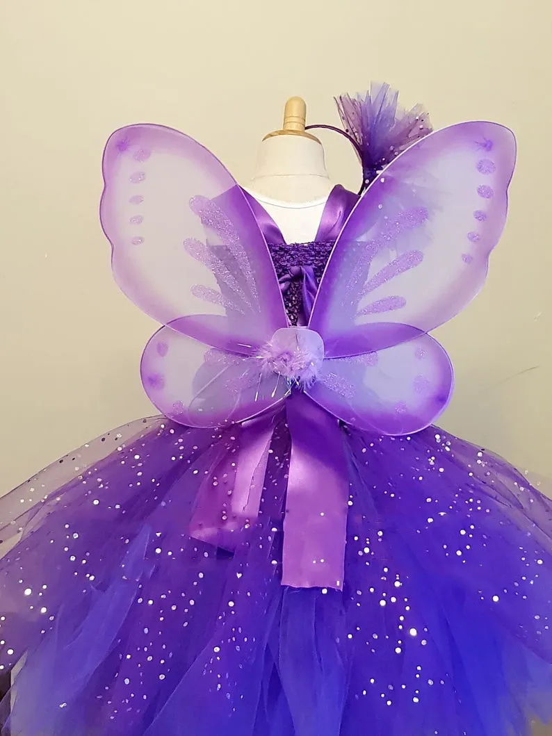 Girls Purple Butterfly Flower Tutu Dress Kids Glitter Tulle Dress Ball vestido de vestido de festas de aniversário para crianças de ala 220707