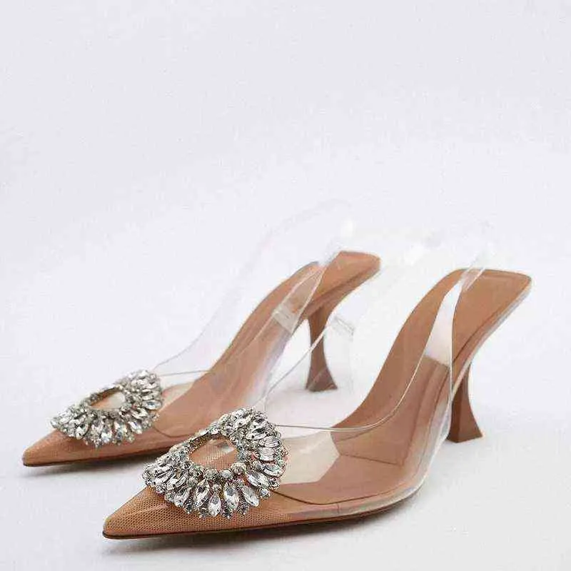 2022 Summer Cute Rhinestone Pointed Sandals Women Transparent High Heels Slippers Woman Elegant Sandals Shiny Sexy Pumps G220527