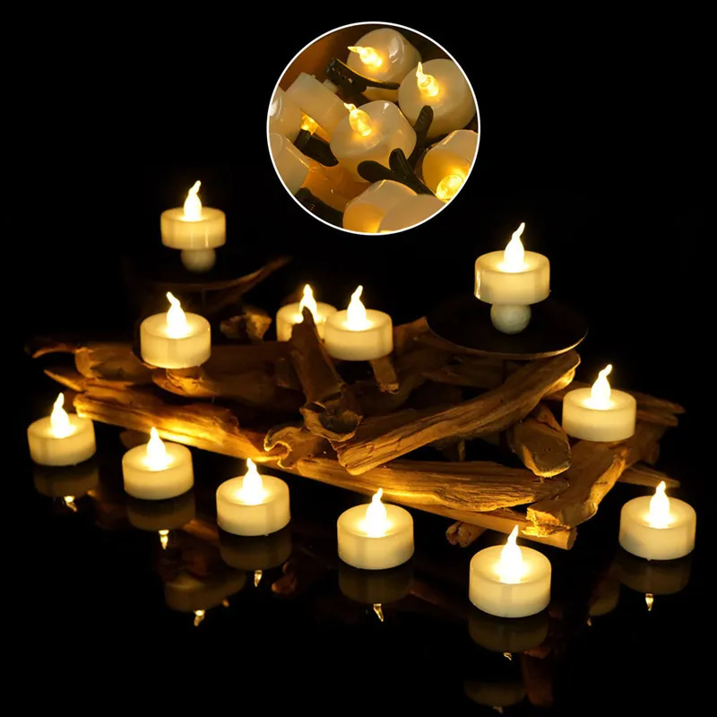 12x 전자 크리스마스 트리 양초가 깜박이고 LED 티 라이트 배터리 작동 침대 옆 야간 램프 Flameless Party Lighting Decor 220527