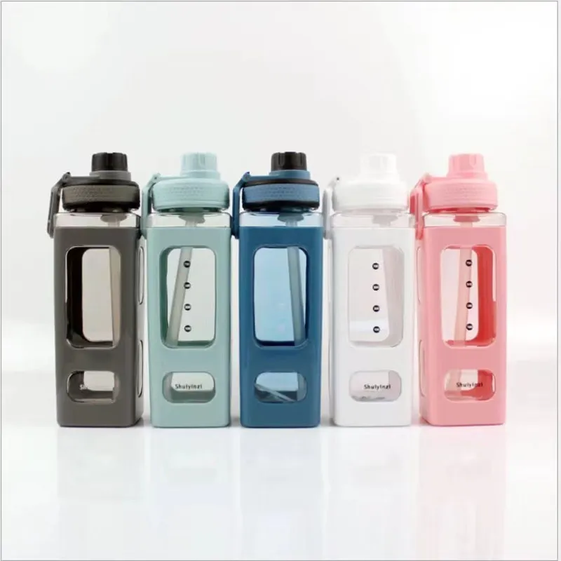 700ml/900ml Kawaii square Water Bottle Plastic Juice Milk Tea Portable Cute Shaker Drink kids cup with lid and straw 220509