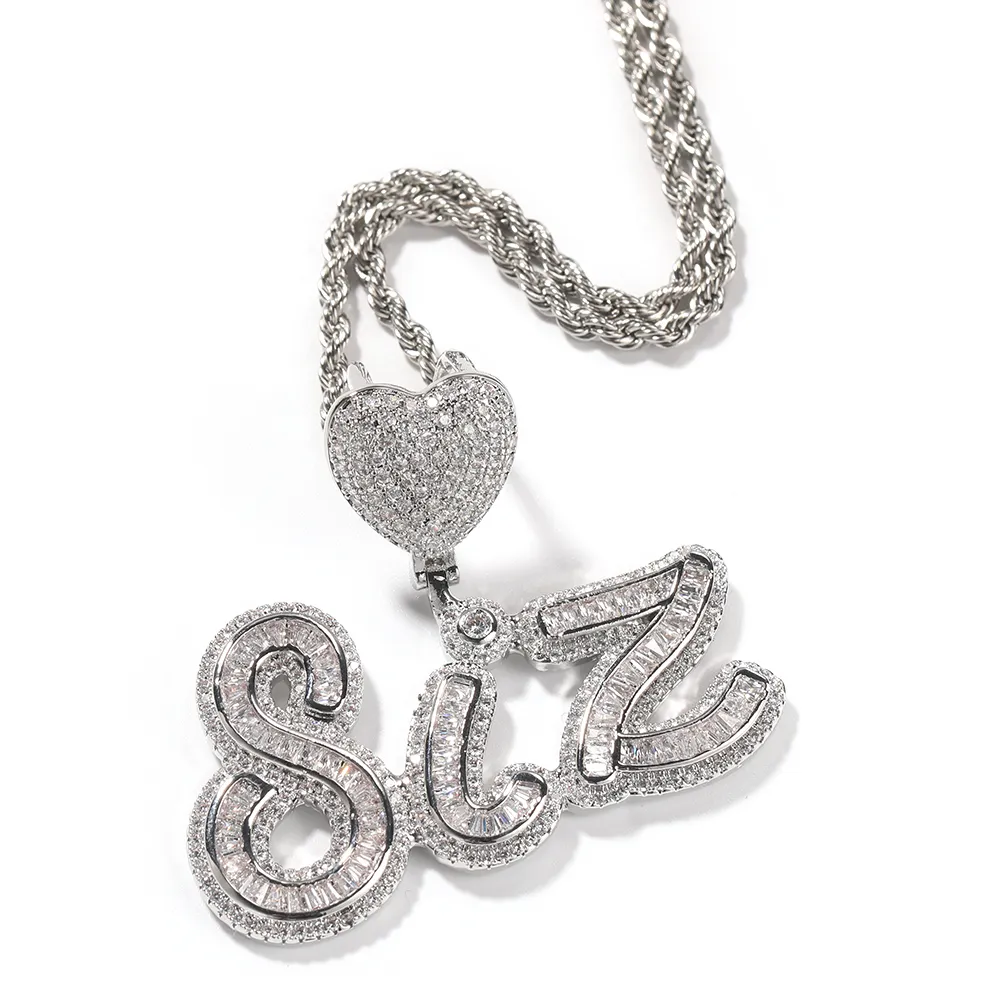 Custom Baguettes Script Letters Pendant With Heart Clasp Necklace Tennis Chain Micro Paved CZ Personalized Hiphop Jewelry230H