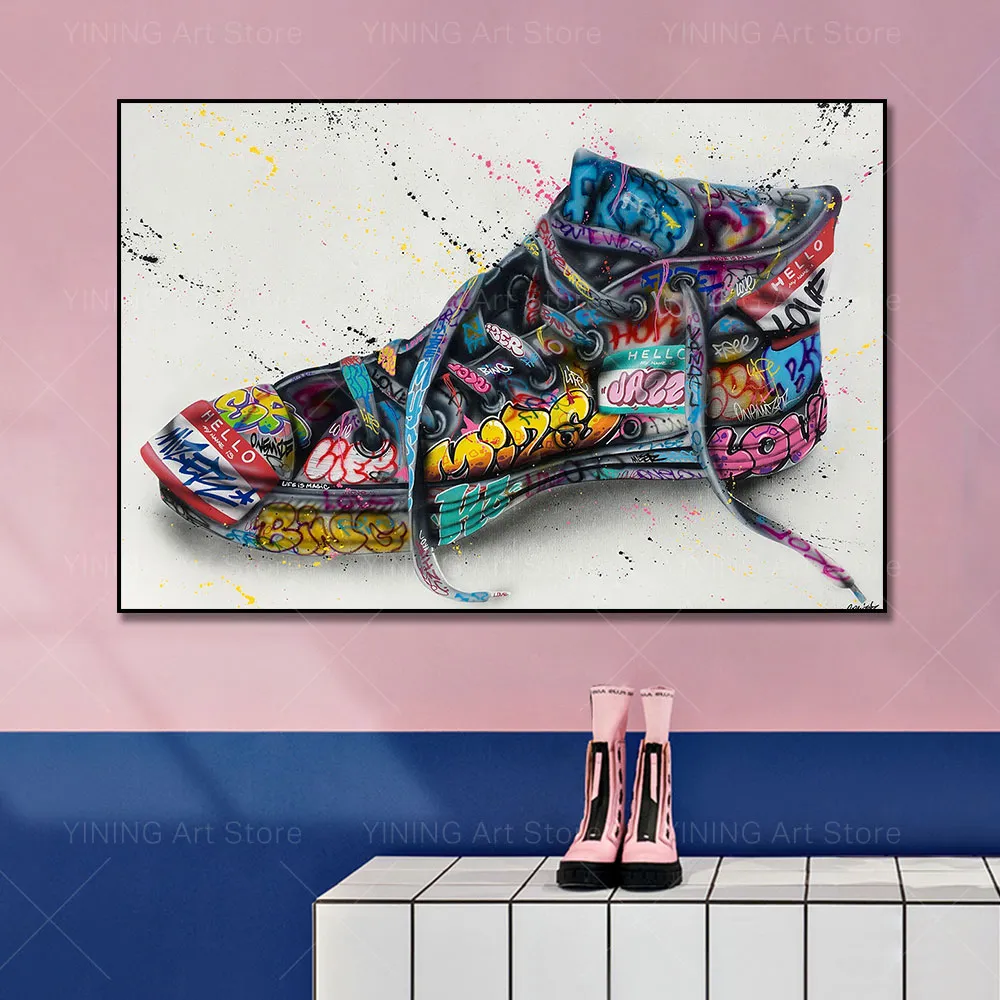 Skor målar modern graffiti gatukonst duk målning affisch tryck väggkonst bild för vardagsrum heminredning ramlöst