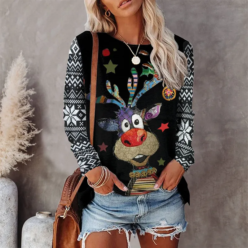 Christmas Vintage O-Neck Long Sleeve T Shirt Women Autumn Winter Top Flower Deer Tree Print Casual Y2k Clothes T-shirt 220321