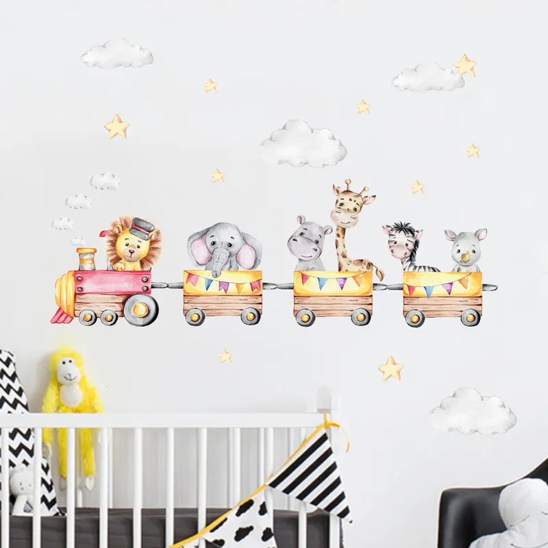 Dessin animé Lion éléphant Animal Train vinyle autocollant mural pépinière stickers muraux papier peint chambre d'enfants intérieur décor à la maison cadeaux 220613