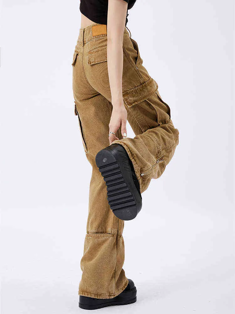 Pantalones vaqueros de carga de color caqui para mujer Verano Nuevo Diseño retro americano Empalme suelto Cintura alta Pantalones de mezclilla de pierna ancha recta delgada Mujer T220728