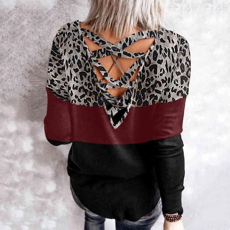 Mode Farbe Kontrast Blusen Frauen Leopard Gedruckt Kreuz Bandage Zurück Shirts Casual Langarm Tops blusas L220705