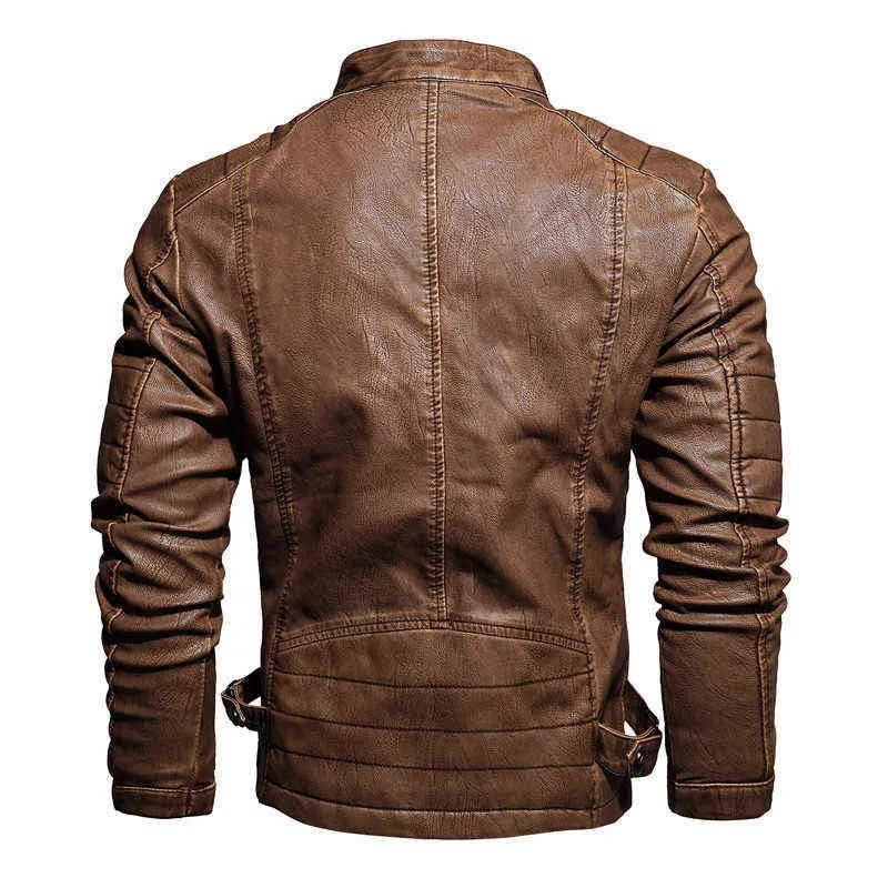 Herren-Lederjacke mit Reißverschluss, Motorrad-Bikerjacke, übergroß, XXL, Samt, Stehkragen, Pu-Kunstlederjacke, lange Ärmel, braunes Oberteil L220725