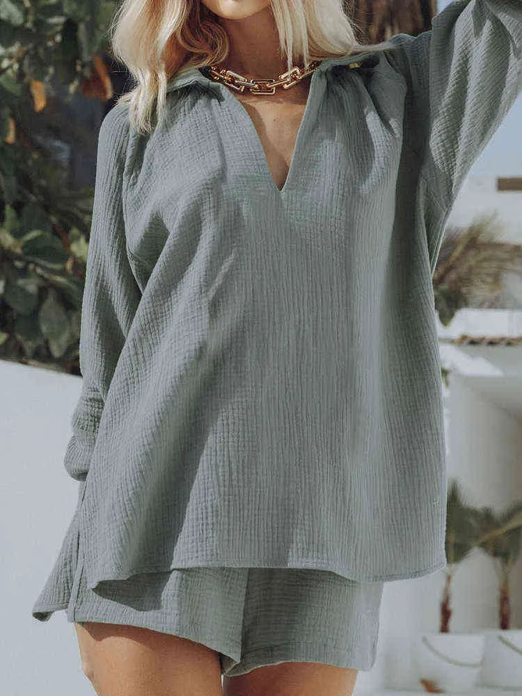 Hiloc Green Loungewear Pijamas de mujer Conjuntos con cuello en V Trajes de mujer Ropa de dormir de algodón Moda de manga larga Conjunto femenino suelto Camisón L220803