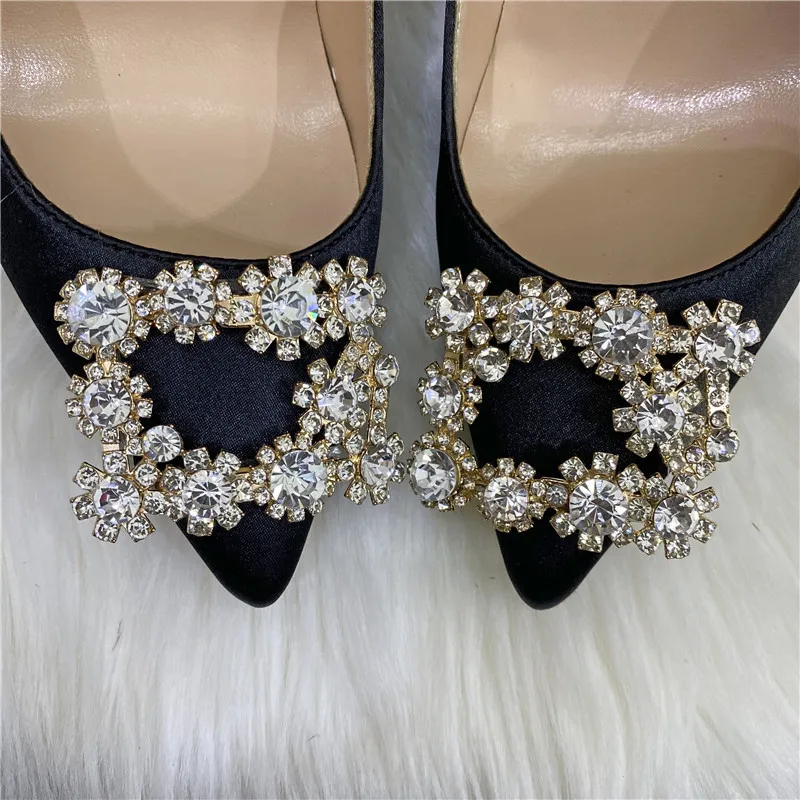 Veowalk Diamante Squreの装飾女性サテンの先天的なつま先のスティレットポンプ8cm 10cm 12cmのキラキラパーティーの結婚式の靴黒紫220402