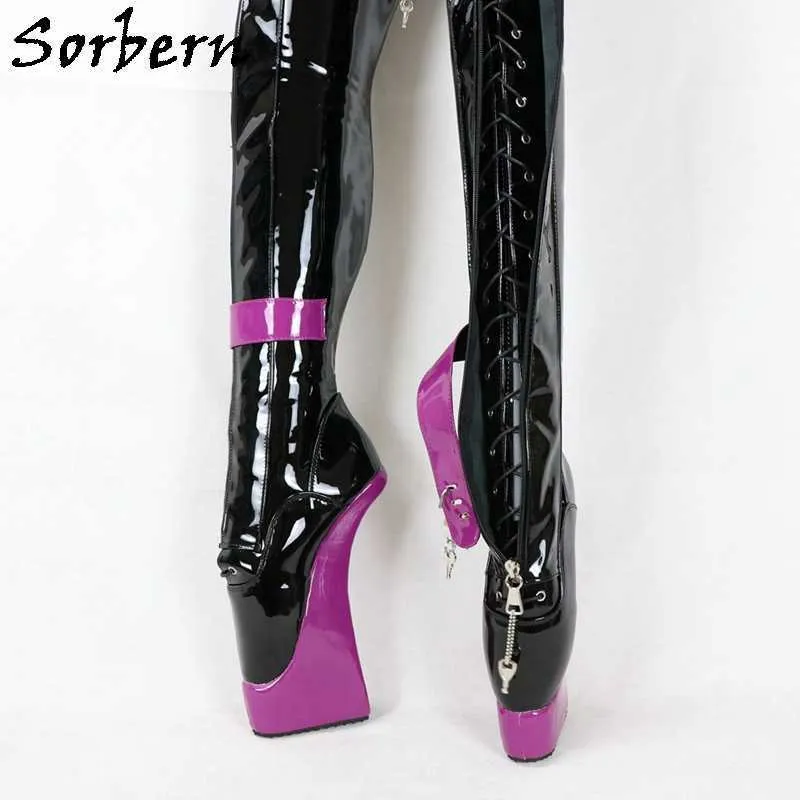 Sorbern Sexy Ballet Hoof Stivali da donna Stivali con plateau Lungo Fetish Tacchi alti Cinghie con fibbia Chiusura lampo anteriore con chiusura a chiave Personalizzata