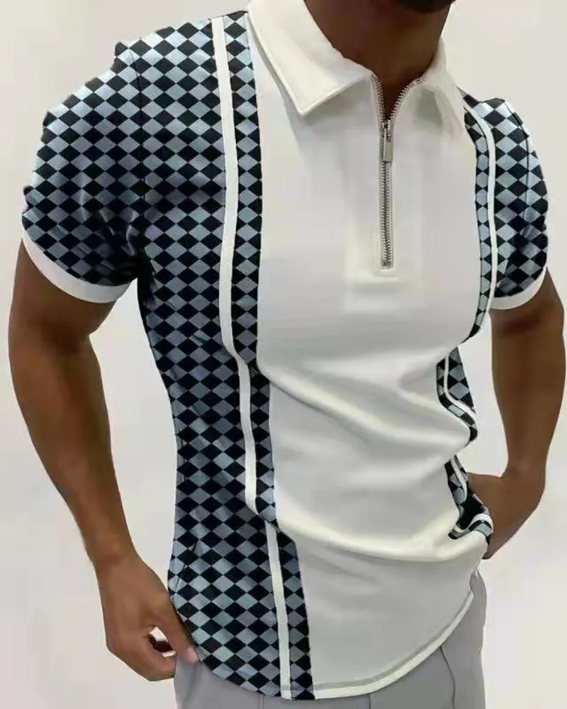 Lato Wysokiej Jakości Mężczyźni Koszulki Polo High Street Print Casual Krótki Rękaw Koszulki Turn-Down Collar Zipper Polo Shirt Men 220402
