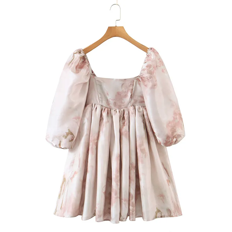 2022 Prinzessin Tie Dye Blumendruck Ballkleid Organza Kleid Puffärmel Retro Frauen geraffte Plissee Taille Mini Party Fee Robe 220511