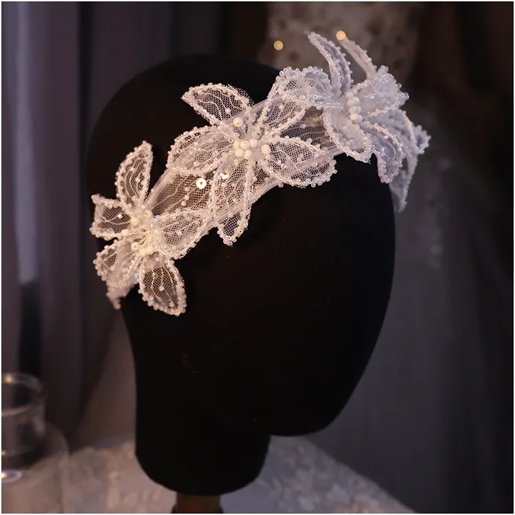 Conception originale dentelle fleur petite perle perlée bandeaux mariée bandeau mariée mariage décoration cheveux accessoires 0615
