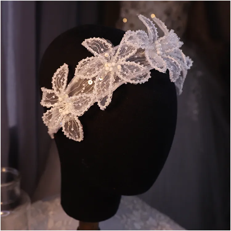 Original Design Lace Flower Small Pearl Beaded Hairbands Brudband Brudbröllop Dekoration Hårtillbehör 0615