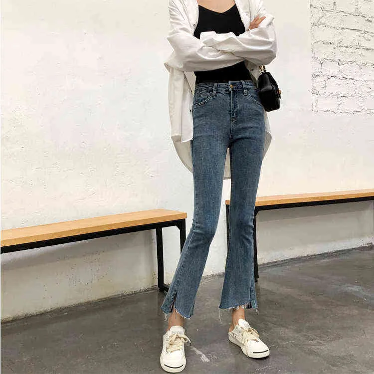 N0032 New Women Micro-Flare Pants High Waist Tight Skinny Explosion Style Slit Nine-Point Jeans L220726