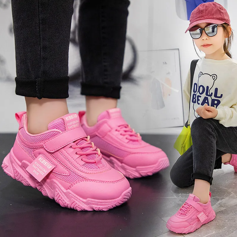 Bahar Çocuk Pu Kızlar Sıradan Mesh Katı Pembe Işık Erkek Beyaz Kanca Döngü Çocukları Slip Sports Shoe Fashion 220607